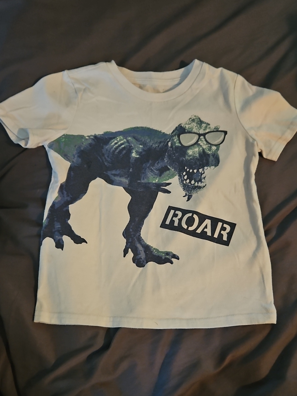 Kids White T‑Shirt with Dinosaur Graphic - ROAR